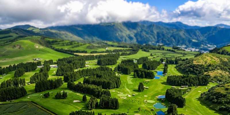 Parcours de golf au milieu des collines verdoyantes de São Miguel, aux Açores