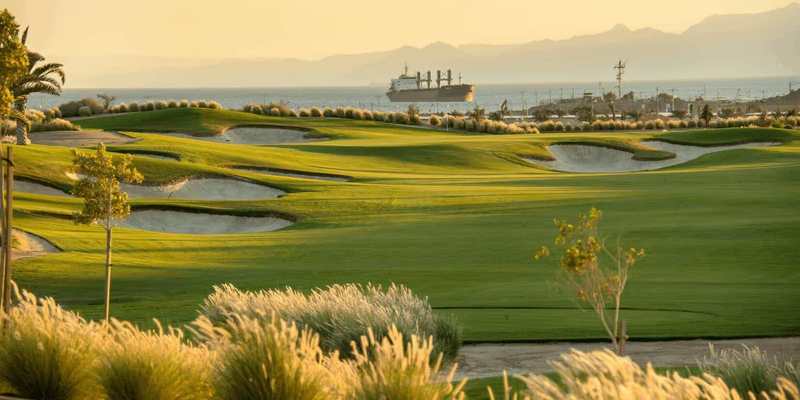 Parcours de golf face à la mer Rouge et aux montagnes à Aqaba