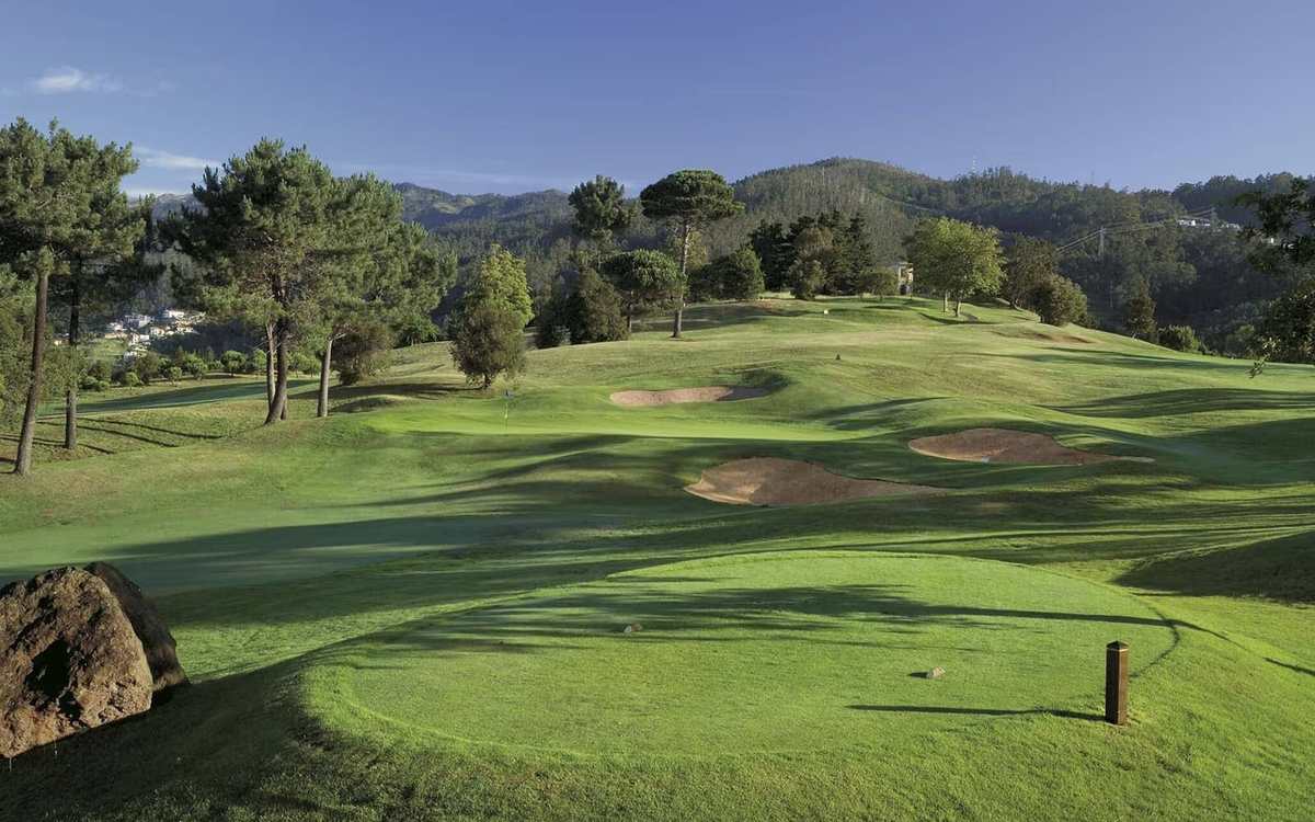 Parcours de golf vallonné entouré de pins à Madère