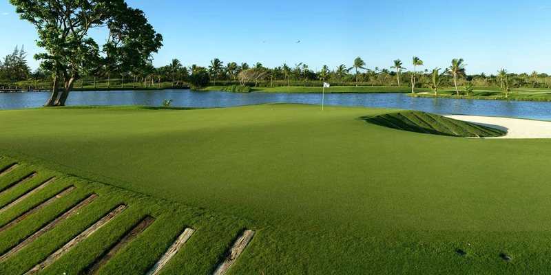 Green et lac bordés de palmiers en République dominicaine