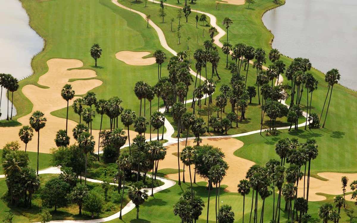 Vue aérienne d’un parcours de golf planté de palmiers au Vietnam